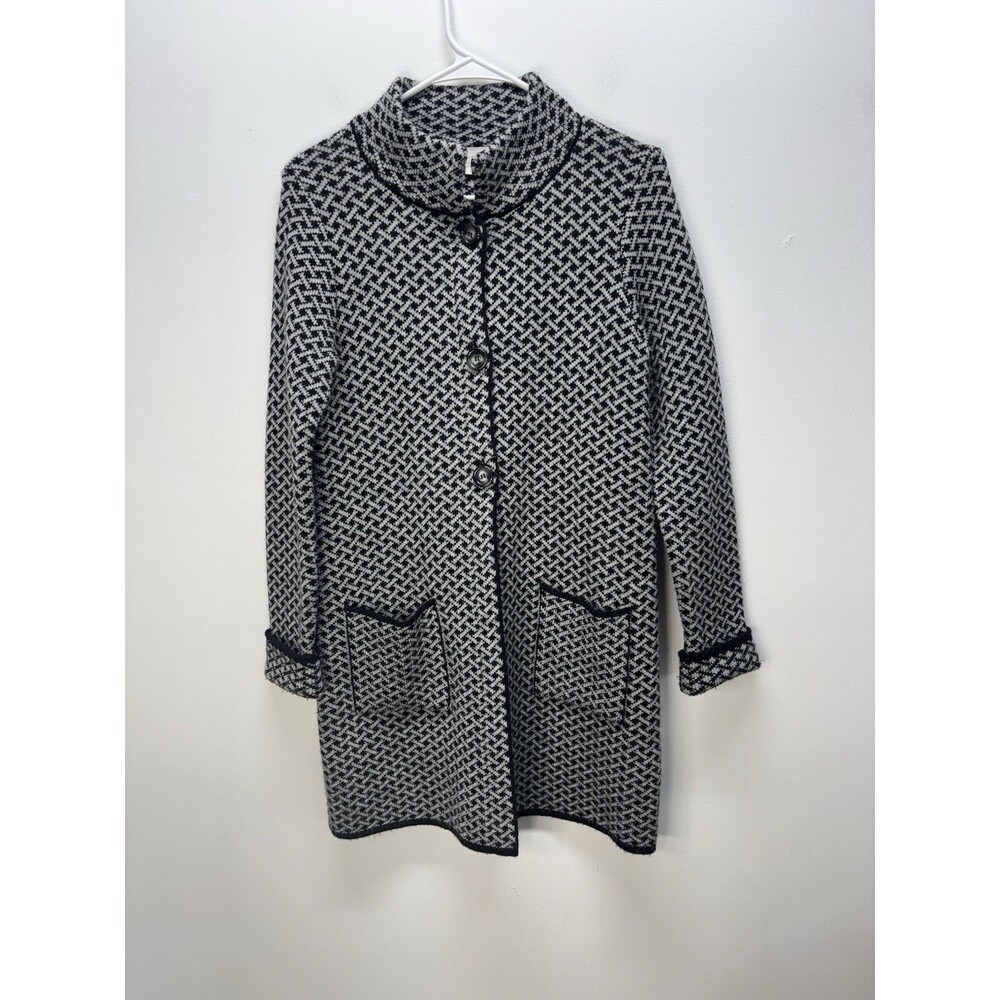Giovanna Tricot Made Italy Black Houndstooth Long Knit Cardigan-Pockets Wool S